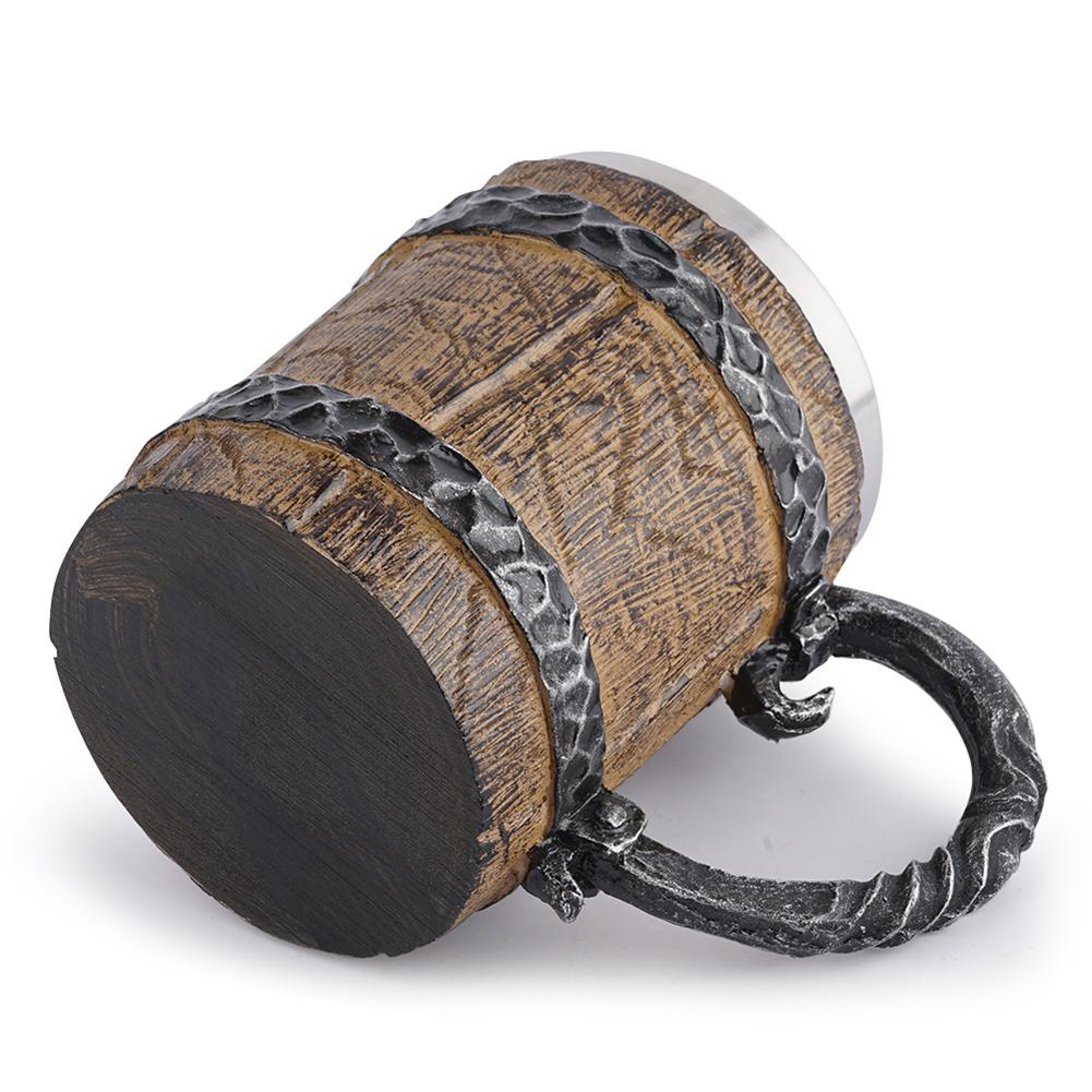 Wooden Barrel Mug Resin Stainless Steel Barrel Coffee Cup Water Bottle Viking Style Double Wall Beer Jug for Bar Drinkware Decor