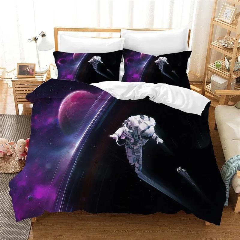 Cartoon Astronaut Duvet Cover King For Boys Girl Galaxy Space Bedding Set Microfiber Rocket Ship Space Adventure Comforter Cover