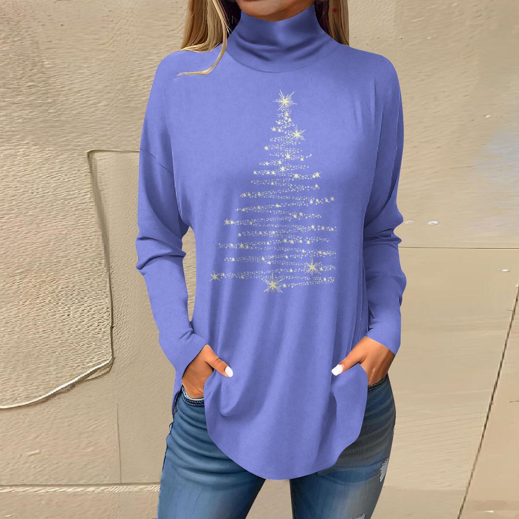 Women's Fashionable Loose-Fit High-Neck T-Shirt With Christmas Print Long-Sleeved Top