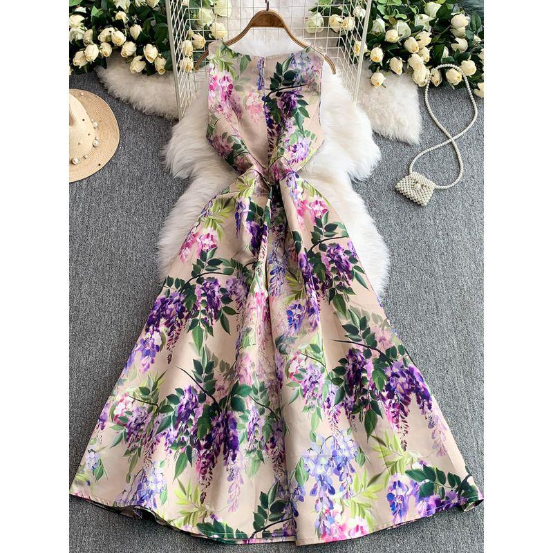 High End Temperament Sleeveless Formal Dress Dress Women Summer New High Sense Print Waist Hugging Slimming Puffy Big Hemline Long Dress