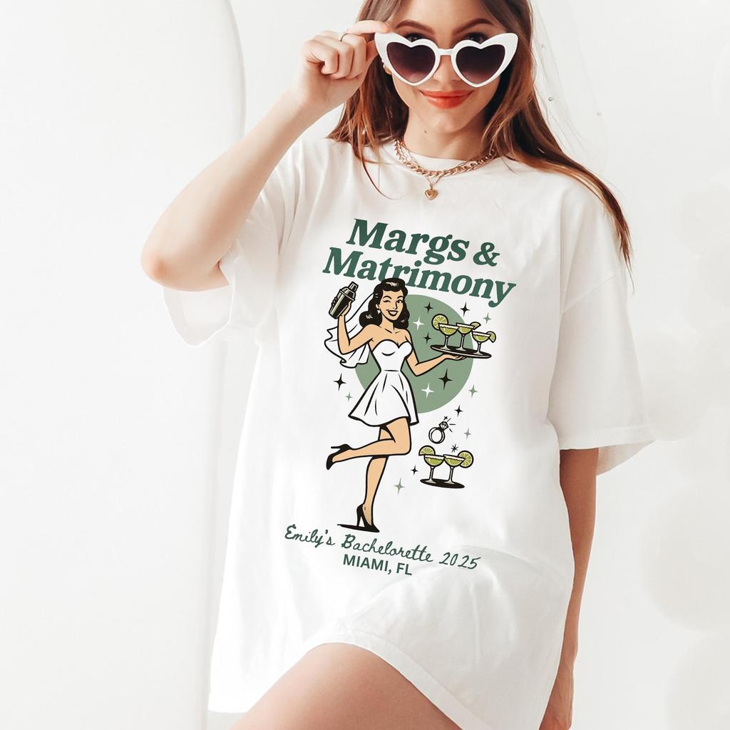 Retro Margs And Matrimony Bachelorette Shirts, Tequila Bachelorette, Custom Bachelorette Shirts, Pin Up Vegas Bachelorette, Plus Sizing