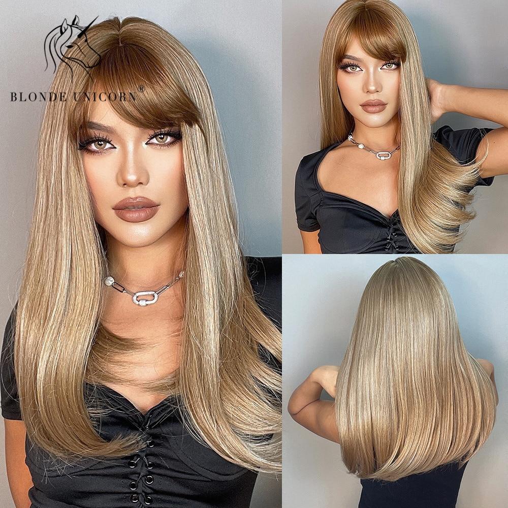 BLONDE UNICORN Синтетический длинный прямой коричневый парик блондинки с яркими акцентами, парики для косплея на Хэллоуин для женщин, термостойкое волокно