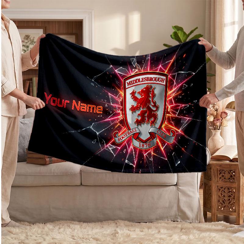 Middlesbrough FC Personalized Fleece Blanket With Football Logo, Custom Name Text Soft Warm Home Throw Blanket