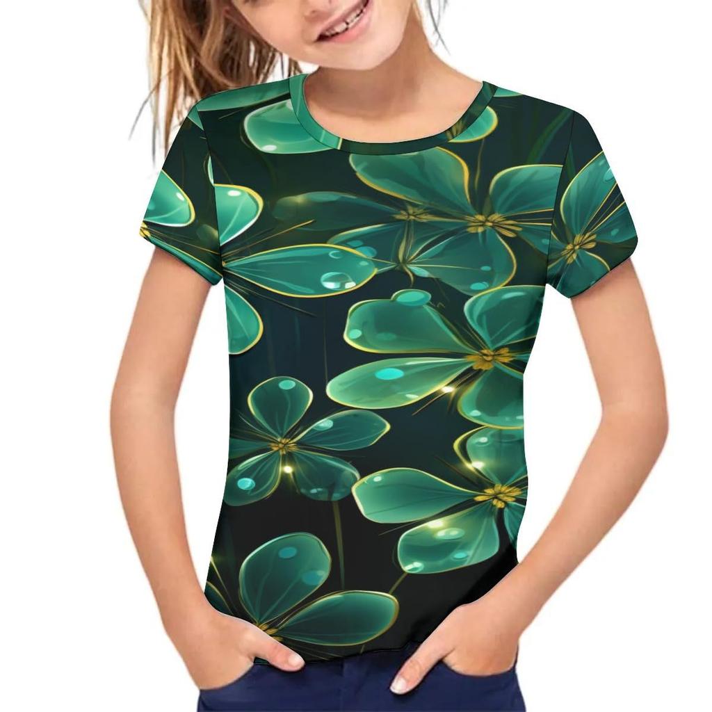 Детская футболка с 3D-принтом, детская футболка с коротким рукавом, свободный топ для девочек, 3D футболка с изображением свежего клевера