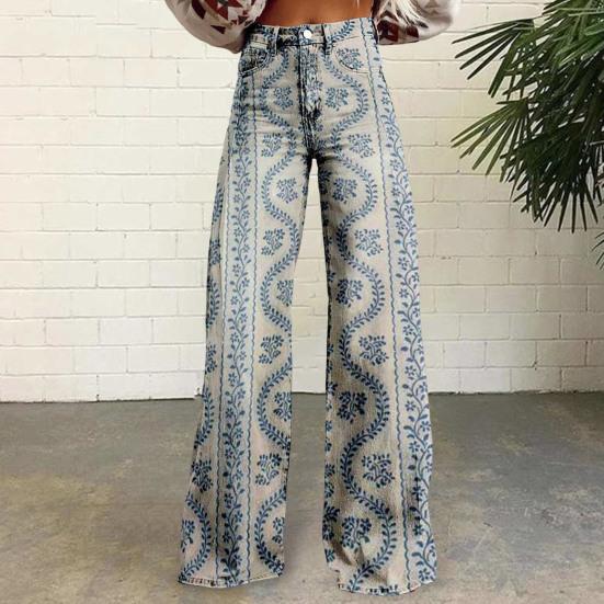 Women Casual Trousers Colorful 3D Floral Printing Flared Leg High Waist Plus Size Jeans Button Zipper Closure with Pockets Lojng Pants for Dating