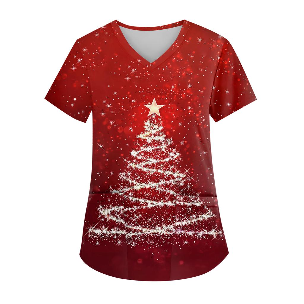 Women's V-neck Christmas Print Short-sleeved Pocket Side Slit Uniform Top