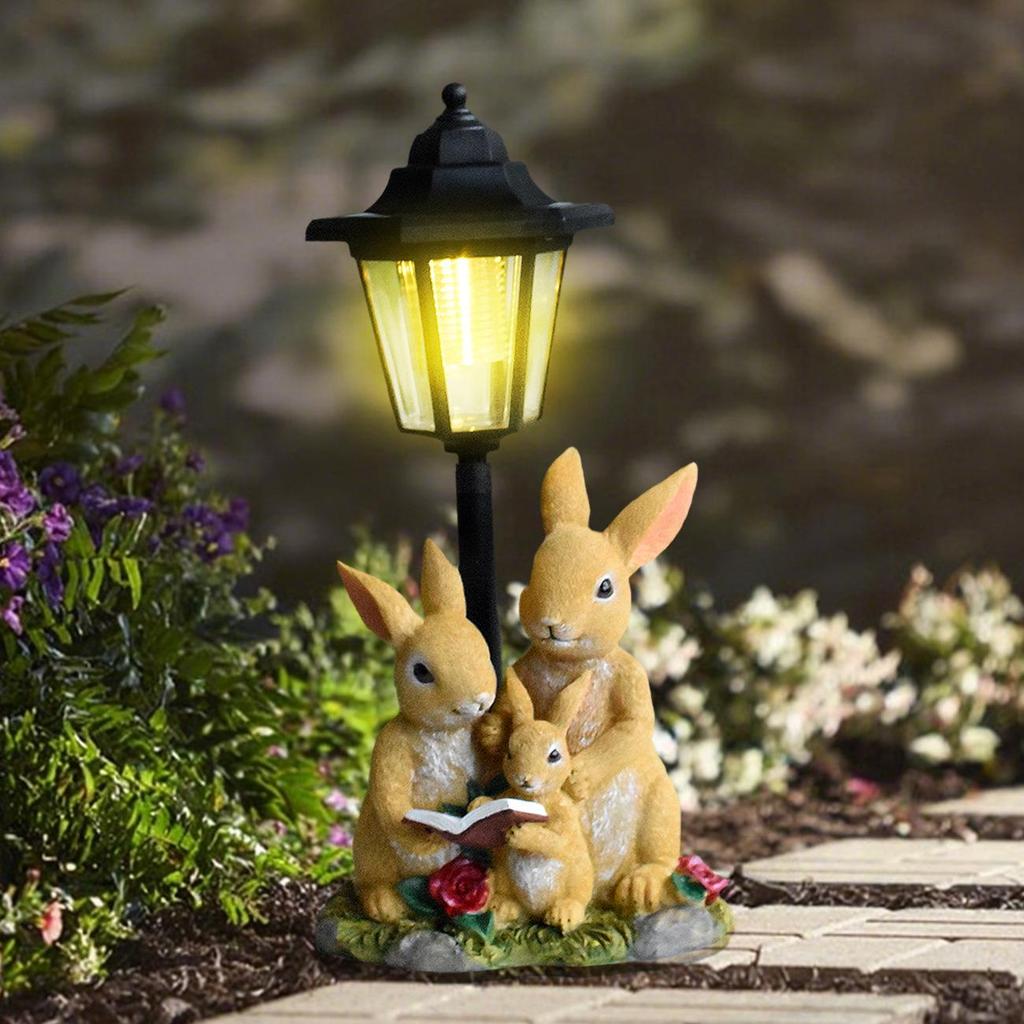 Outdoor Solar Rabbit Family Resin Statue - Courtyard Path Lighting Decoration