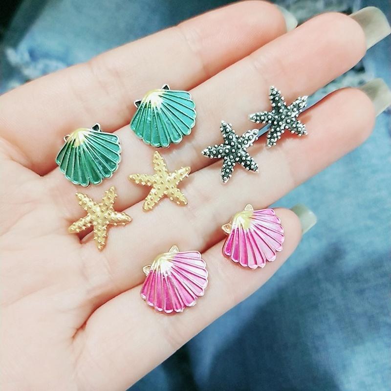 4pairs/set Starfish Shell Stud Earring Set Women Colorful Conch Shells Star Stud Earrings Party Bea