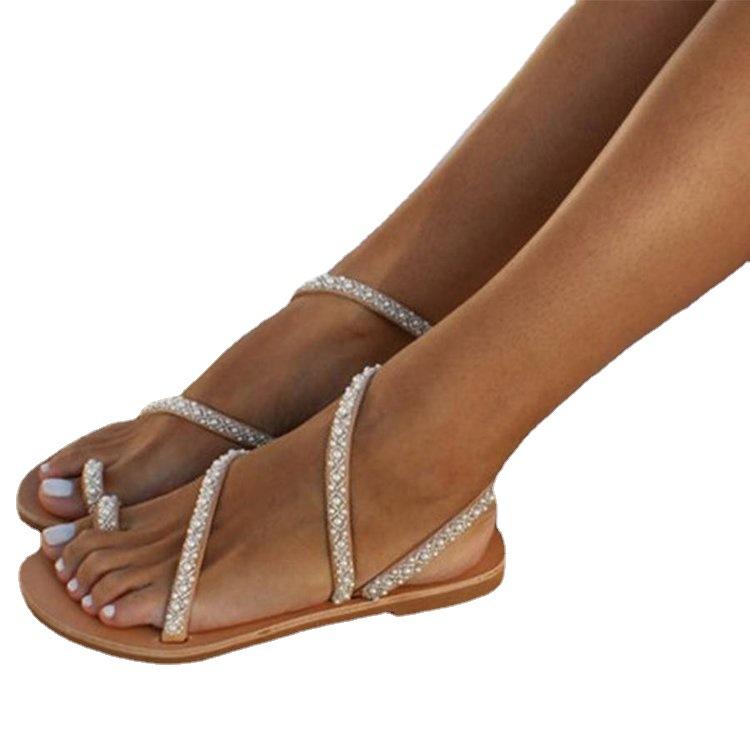 2024 весна-лето новый комплект женских босоножек с плоским дном и стразами пляжная обувь большого размера женские сандалии