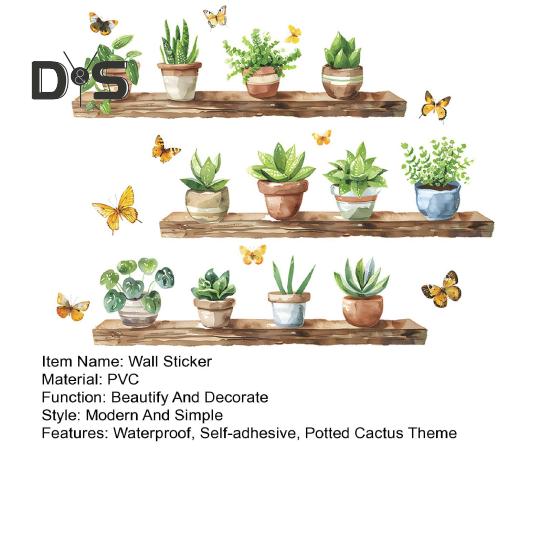 Полка кактуса в горшке, настенная наклейка, съемная водонепроницаемая самоклеящаяся ПВХ, домашний офис, гостиная, детская спальня, зеленое растение, настенное художественное украшение, наклейка