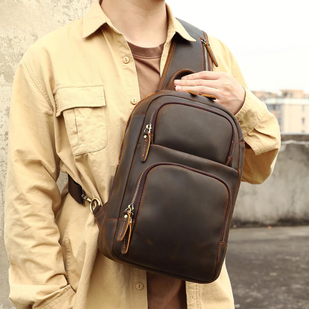 Мужская нагрудная сумка в стиле ретро, вместительная, многофункциональная, из натуральной кожи, повседневная и простая сумка на одно плечо