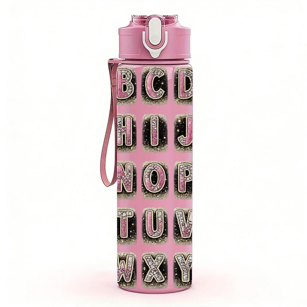 1PC Alphabet Letter Block Retro Print 750ml Color Plastic Sports Water Bottle Leakproof Flip Straw Lid Suitable for Sports Office Home Use