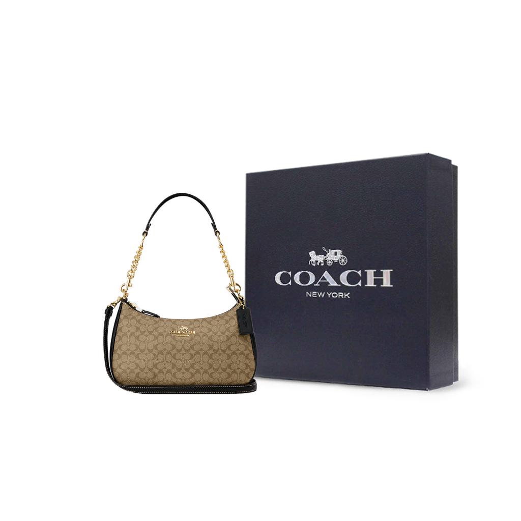 New COACH Teri Canvas With Leather Handbags Shoulder Bags Women's Khaki & Black CJ941-IMCBI