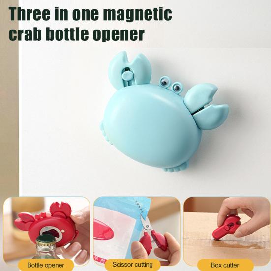 2Pcs Crab Shaped Bottle Opener, 3 in 1 Magnetic Can Opener, Kitchen Scissors & Utility Knife, Multi-functional Fridge Magnet Tool for Home Camping
