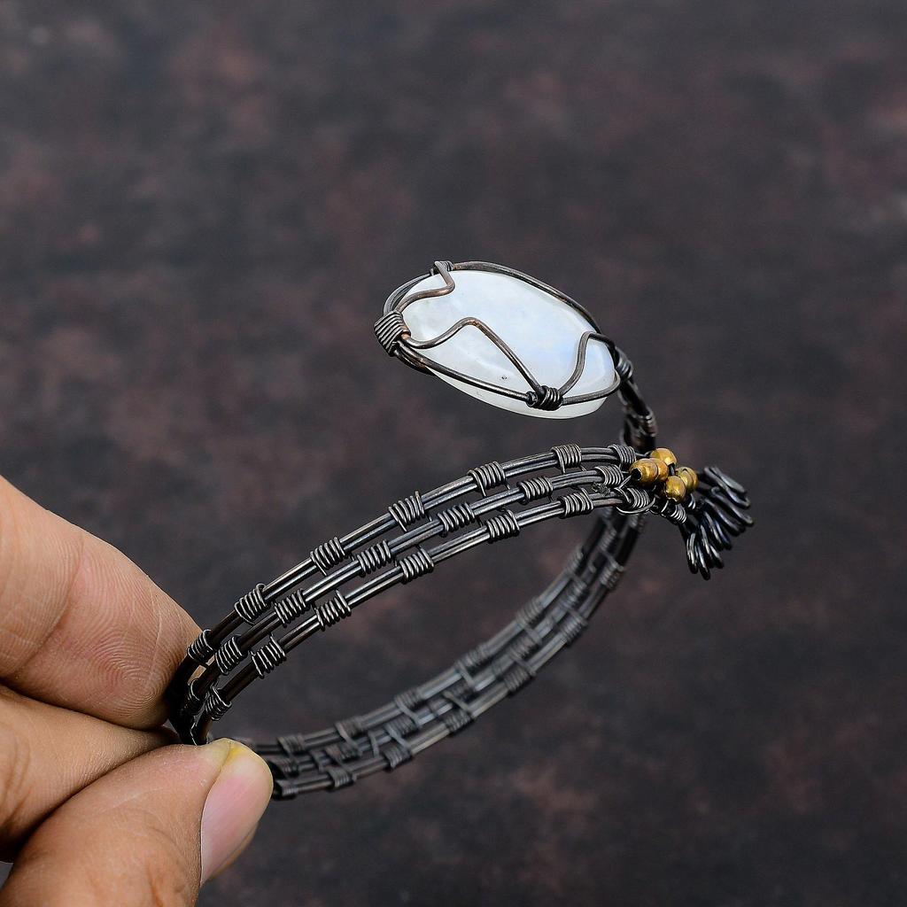 Радужный лунный камень медный браслет-манжета, медная проволочная обертка, ювелирные изделия ручной работы, регулируемый браслет-манжета, проволочная обертка, драгоценный камень, браслет-манжета, подарок для нее