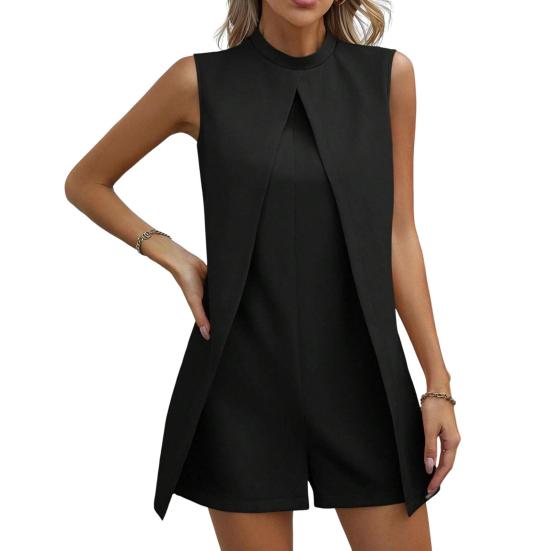 Женский летний комбинезон с воротником-стойкой, без рукавов, свободный, с разрезом, нерегулярный, однотонный, деловой, деловой, короткий комбинезон