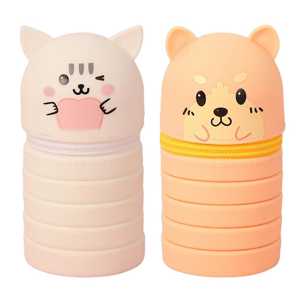 2Pcs Cartoon Pencil Holder Telescopic Silicone Pen Bag Pencil Pouches Zippered Pen Case Collapsible Pen Pencil Holder