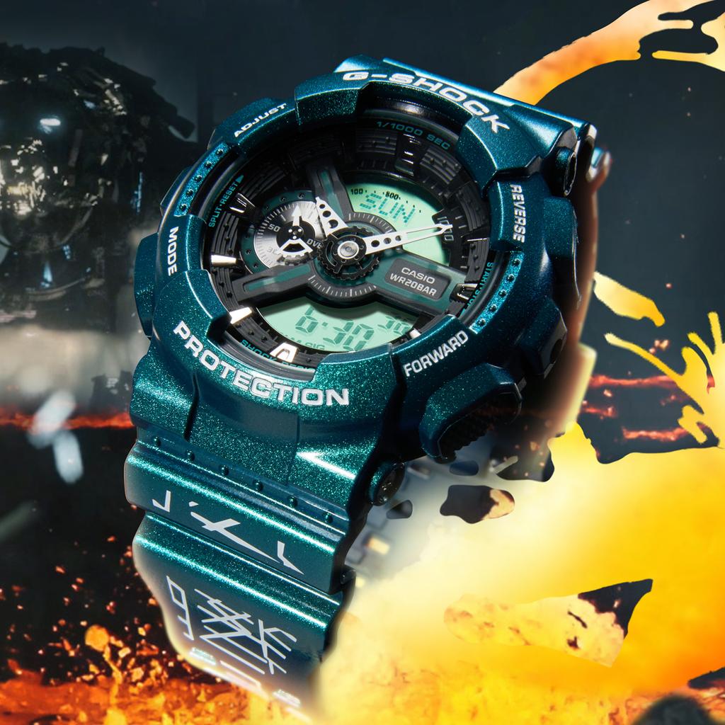 Casio Мужские часы серии 55 мм с двойным жидкокристаллическим/аналоговым дисплеем, зеленые, GA-110KAl22-3PFS