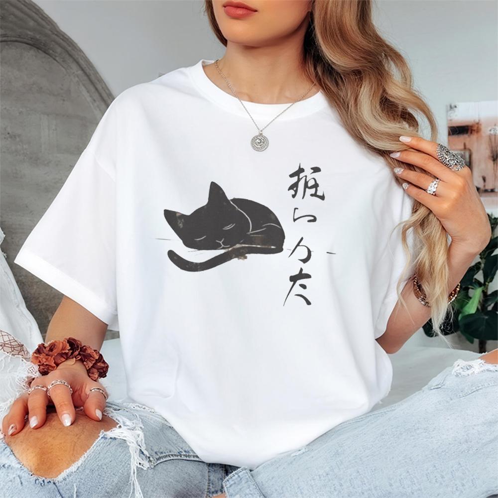 Japanese Cat Shirt Kawaii Anime Tshirt Y2k Harajuku Streetwear Sleeping Cat Graphic Kanji Print Top Unisex Cotton Vintage Casual