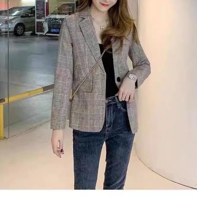 Women's Plaid Suit Jacket, Spring/Autumn 2024 Collection - Slim, Short Style, Trendy Student Look