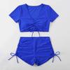 2Pcs/Set Women Summer Bikini Set V Neck Short Sleeve Tops High Waist Drawstring Swimming Trunks Solid Color Quick Drying Swimsuit