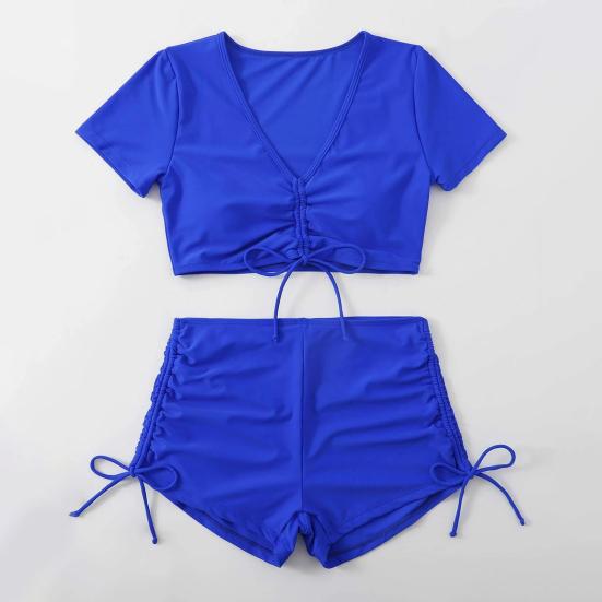 2Pcs/Set Women Summer Bikini Set V Neck Short Sleeve Tops High Waist Drawstring Swimming Trunks Solid Color Quick Drying Swimsuit