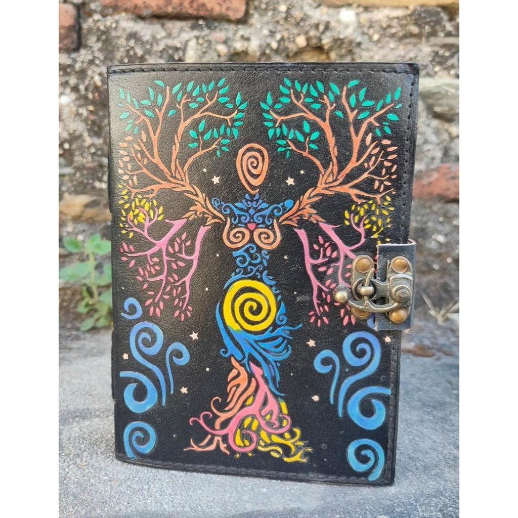 Mother Of Earth Leather Journal, Embossed Diary, Tree Of Life, Earth, Goddess, Deckle Edge Papers, Spiritual, Colorful, Book Of Shadows,Gift