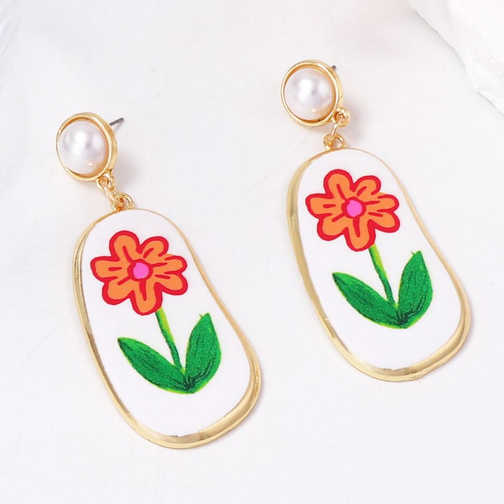 Simple, Fashionable, Fresh and Sweet Alloy Printed Flower Imitation Pearl Pendant Geometric Earrings, Versatile for Commuters