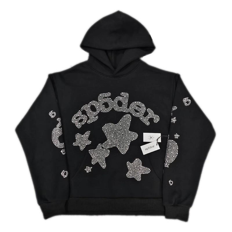 Sp5der Hoodie Oversized Thick Fleece Sweatshirt With Foil Print Spiderweb Design Men Winter Casual Wear