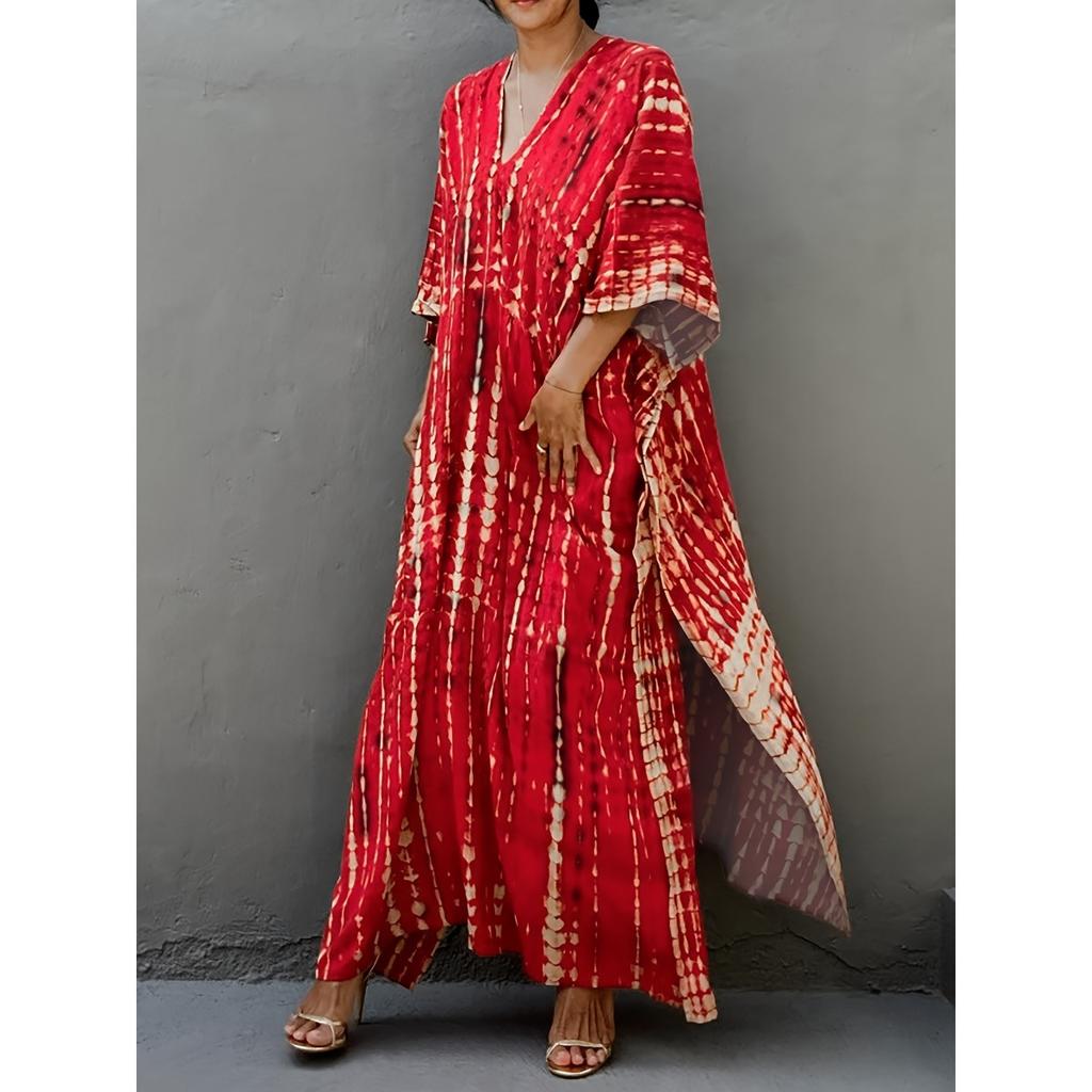 Plus Size Boho Cover Up, Women's Plus Striped Batwing Sleeve V Neck Split Maxi Kaftan Cover Up Dress