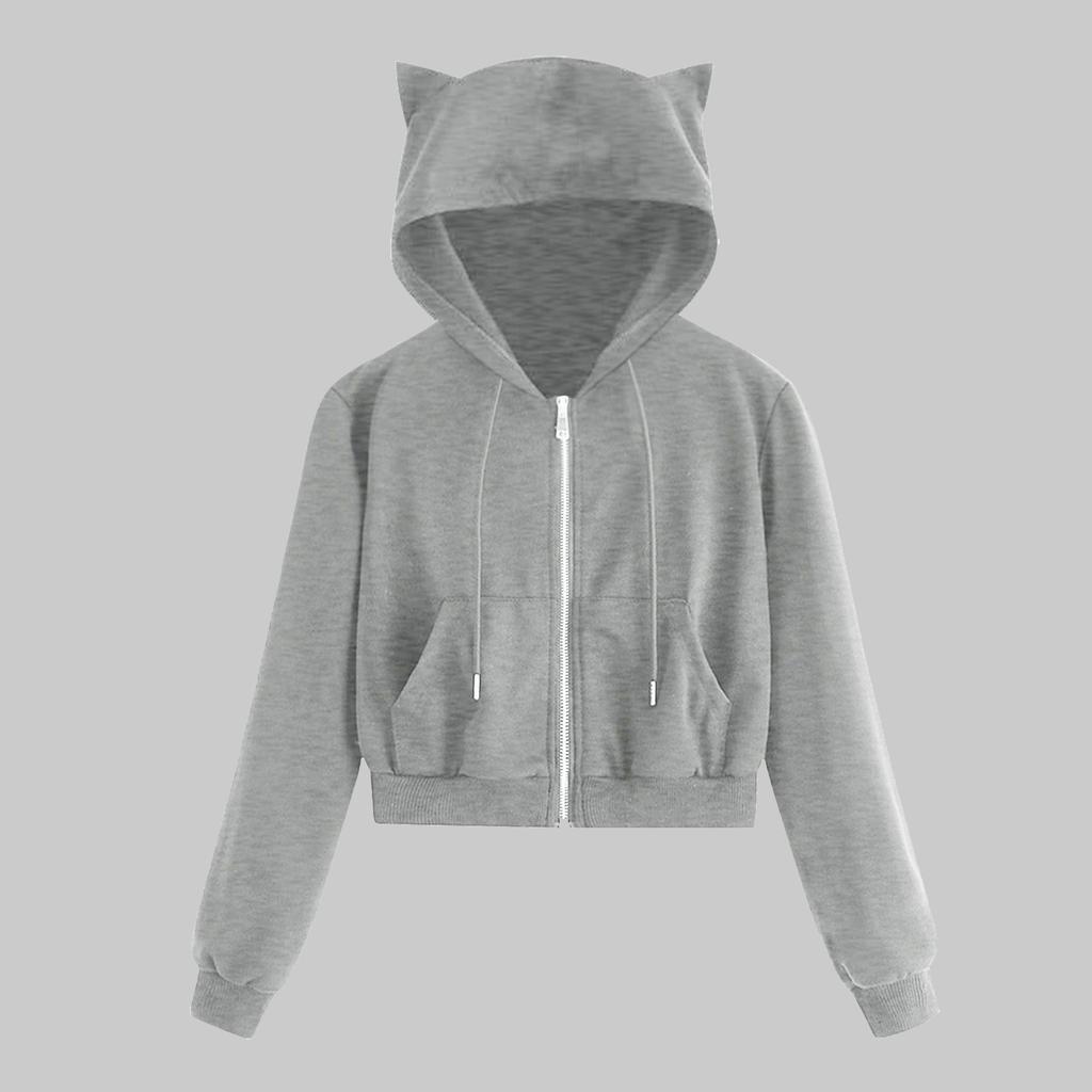 Women Casual Solid Long Sleeve Zipper Pocket Shirt Cat Hooded Sweatshirt Tops