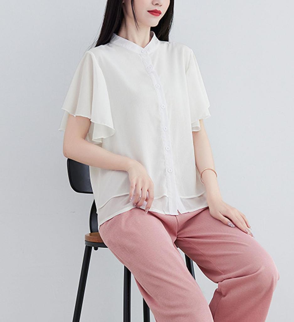Рубашка для полных, свободного кроя, большого размера [EASTEMPO] Женская, Рукав, Лето, Стильная, Шифон, Посадка, Офис, Тонкая, Однотонная, (JP, Алфавит, L, Белый)