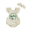 Baby Girls Rompers Ireland Clothes Letter Clover Embroidery Corduroy Ruffles Sleeveless Spring Bodysuits Jumpsuits with Headband