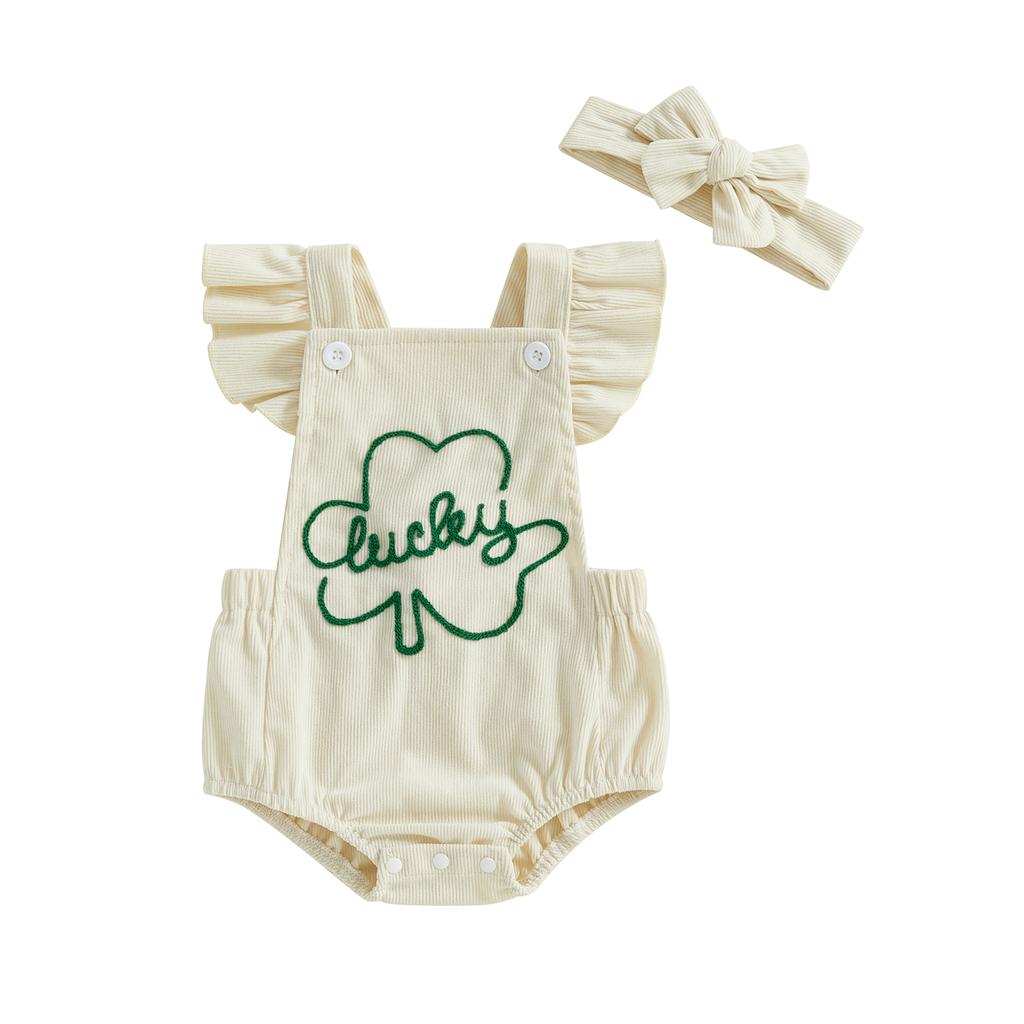 Baby Girls Rompers Ireland Clothes Letter Clover Embroidery Corduroy Ruffles Sleeveless Spring Bodysuits Jumpsuits with Headband