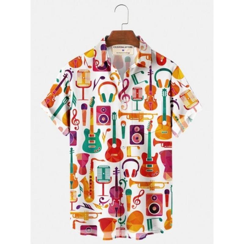 Летние гавайские рубашки для мужчин 3D винтажный музыкальный рокер гитара принт пляжная рубашка короткий рукав футболки топы Harajuku Ropa Hombre M-3XL