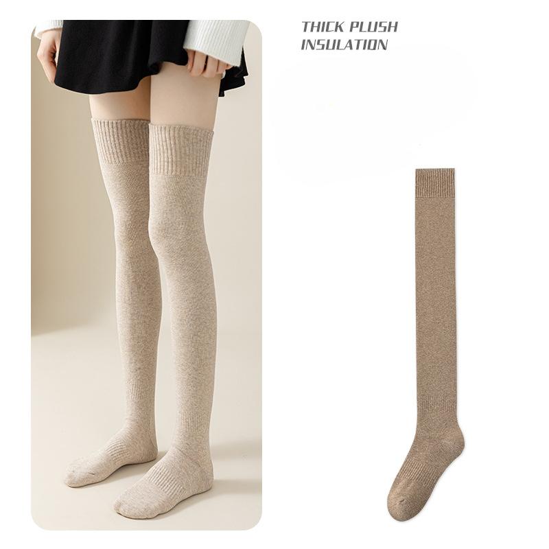 2 Pairs Solid Thick Plush Lined Thigh High Stockings, Warm Slim Fit Over The Knee Socks For Fall & Winter, Women's Stockings & Hosiery