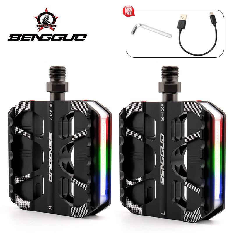 MEROCA Aluminum Alloy MTB Pedal 3 Bearings Rainbow Road Folding Bike Pedal with Colored Light and CR-Mo Spindle Light Warning