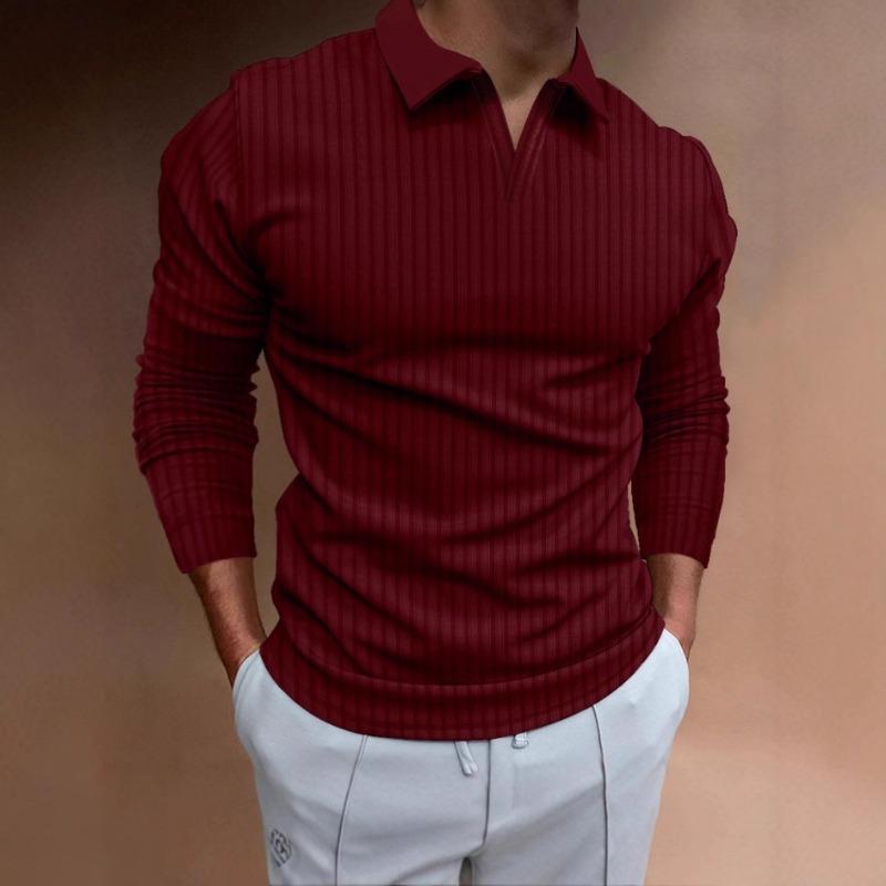 Men S V Neck Long Sleeve Polo Shirt Casual Stretch Basic Top