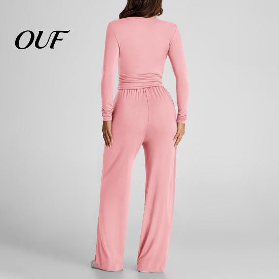 Women Matching Sets Top Pants Set for Spring Fall, Slim Fit Crewneck Sweatshirt, Casual Lounge Elastic Waist Loose Wide Leg Pants, Solid Color 2-Piece
