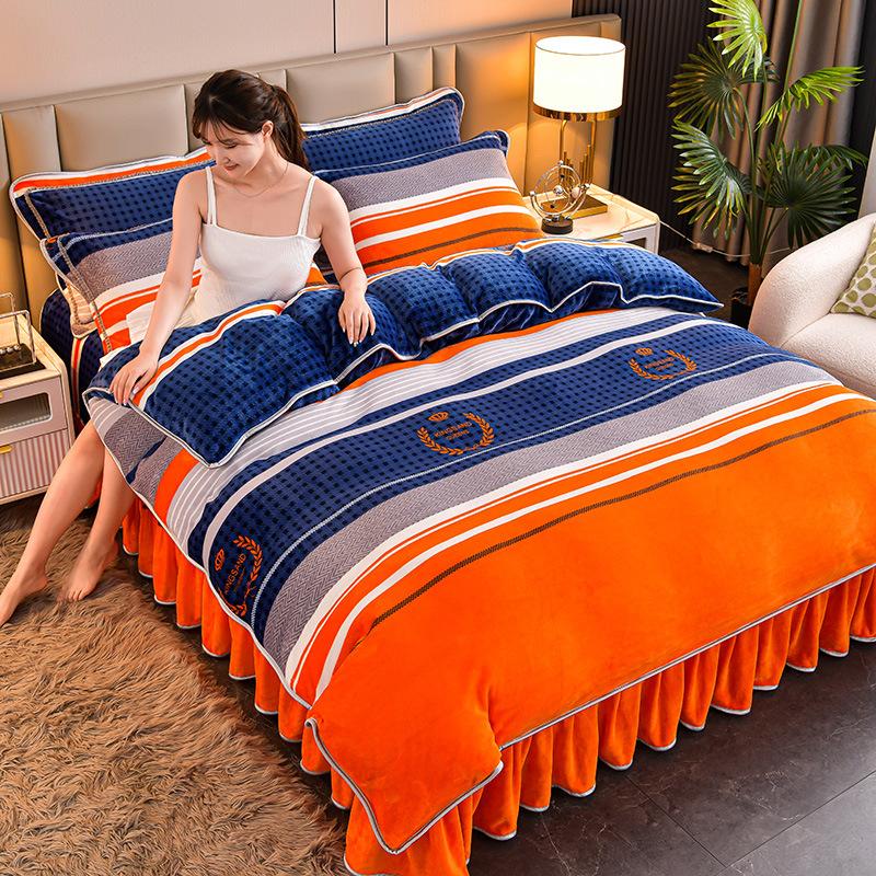 Утепленный зимний комплект из четырех предметов для дома из молочного золотого норкового бархата, комплект из четырех предметов, бархат Farai, коралловый бархат, юбка для кровати, пододеяльник, постельное белье