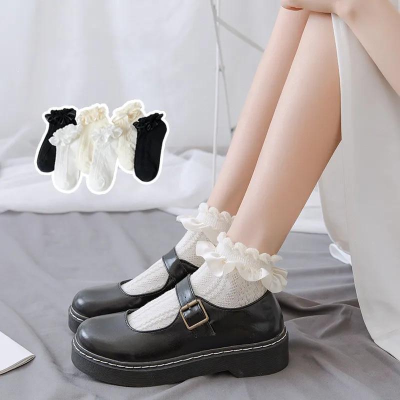 Lolita Style Japanese Kawaii Women Socks Cute Frilly Ruffle Socks Solid White Black Mesh Lace Girls Sweet Harajuku Short Socks