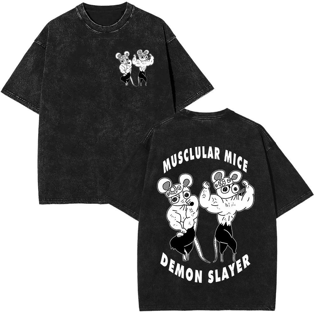 Japanese Anime Demon Slayer Uzui Tengen Washed Tshirt Muscular Ninja Mice Muki Gym Mouse Graphic Tshirts Oversized Streetwear