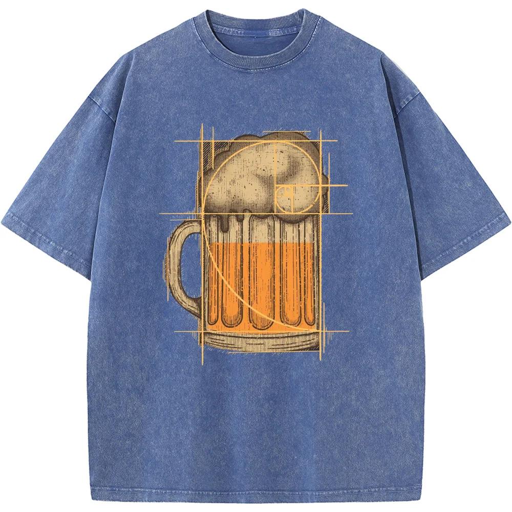 Beer Math Geometry Print Unisex Washed T-Shirt Novelty Cotton Summer Bleached Tshirt Funny Casual Loose Bleach Tops Tee