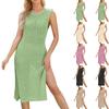 Women's Casual Fashion Vacation Round Neck Sleeveless Solid Color Hem Slit Dress