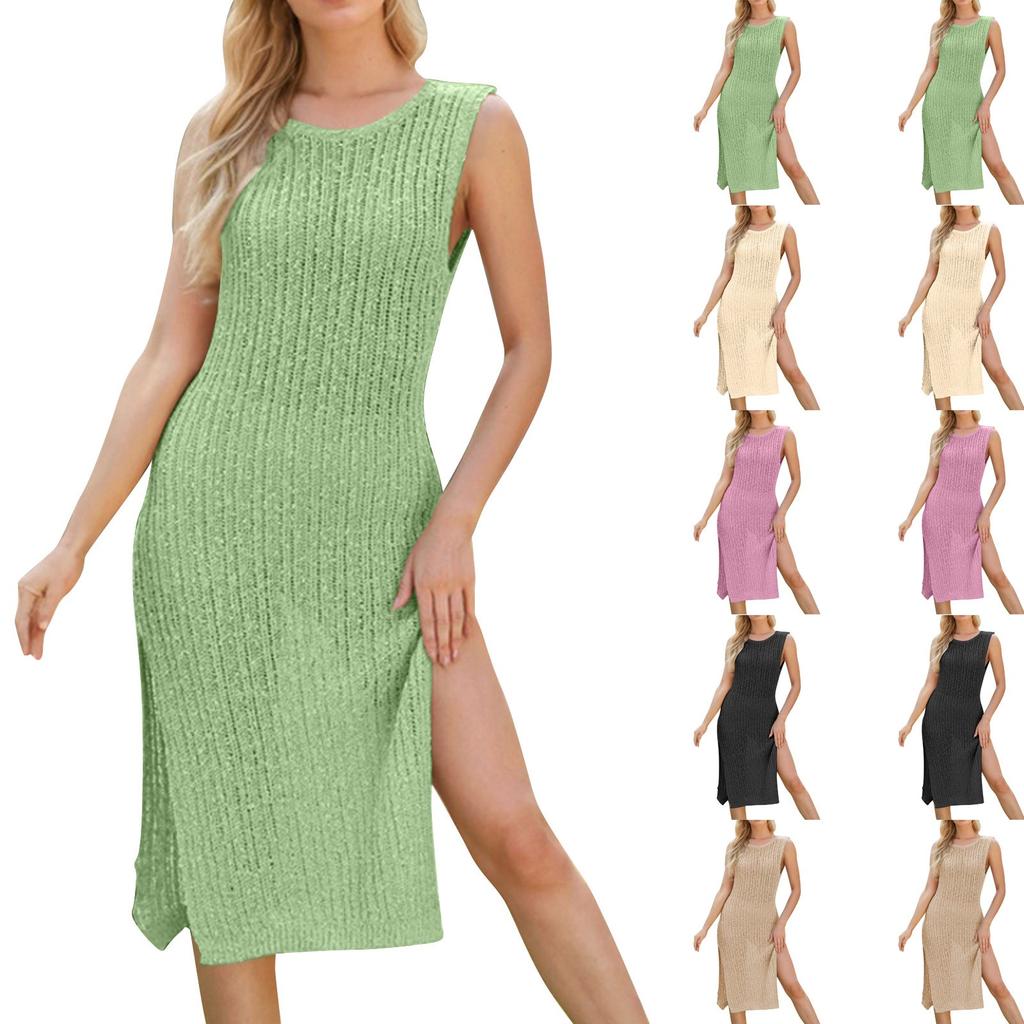 Women's Casual Fashion Vacation Round Neck Sleeveless Solid Color Hem Slit Dress