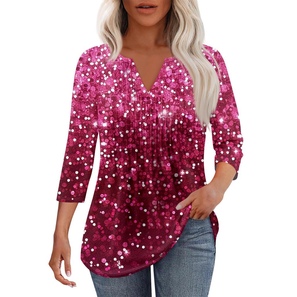 Women's Fashionable Casual Pleated V Neck Solid Color Seven Quarter Sleeve T-shirt Top