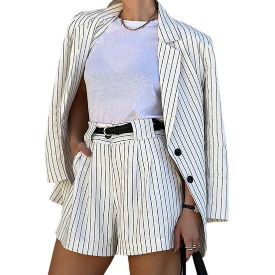 Yousheng, комплект из 2 шт./компл., пальто, шорты, полосатый отложной воротник, однобортный, с длинным рукавом, свободный, с высокой талией, комплект женской куртки с шортами в коммутационном стиле