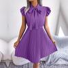 Women Spring Summer Elegant Lace Up High Waist Large Fold Bow Collar Solid Color Pleated Dress