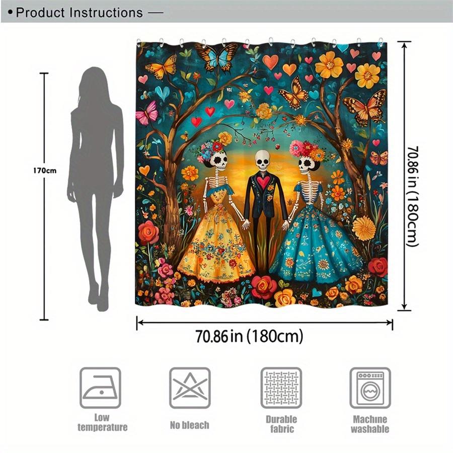 Мексиканское народное искусство Занавеска для душа - Яркие скелеты, Традиционные платья, Радостный сад, Машинная стирка, Красочный декор для ванной