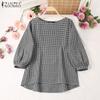 Women Casual O-neck 3/4 Sleeve Plaid Print Blouse